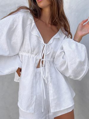 White Lantern Sleeve V-neck Two-Piece Set