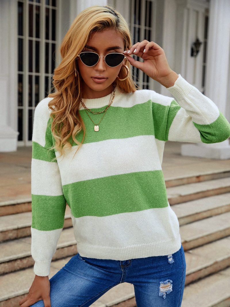 Mixed Color Stripe Round Neck Sweater - Image 3