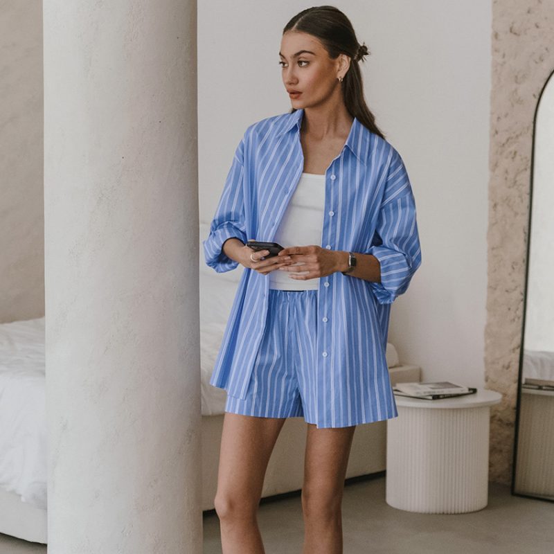 Striped Collared Long-Sleeved Pants Suit - Image 4