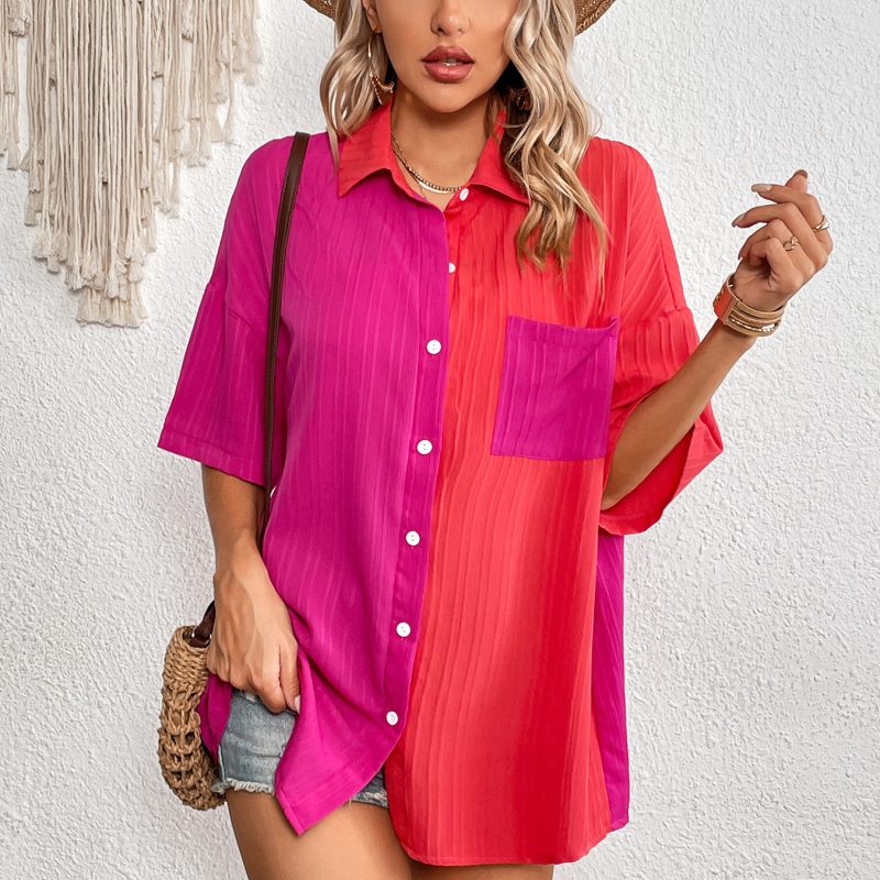 Summer Contrast Color Stitching Short Sleeve Women's Shirt - Image 5
