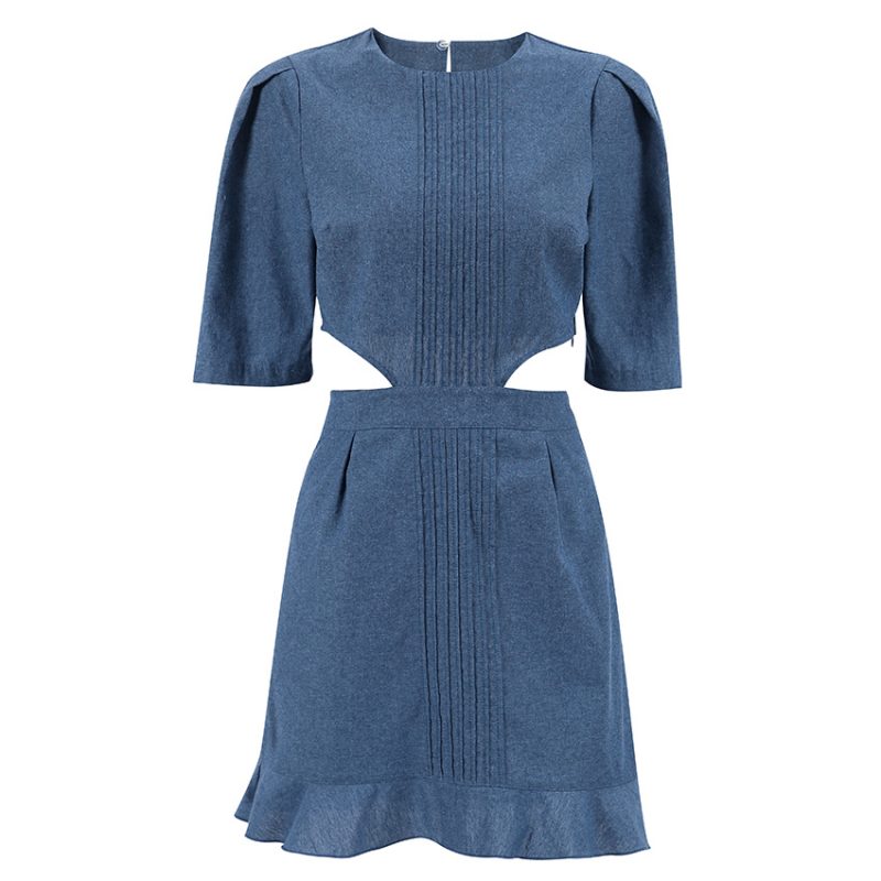 Retro Blue Denim Puff Sleeve Dress - Image 5