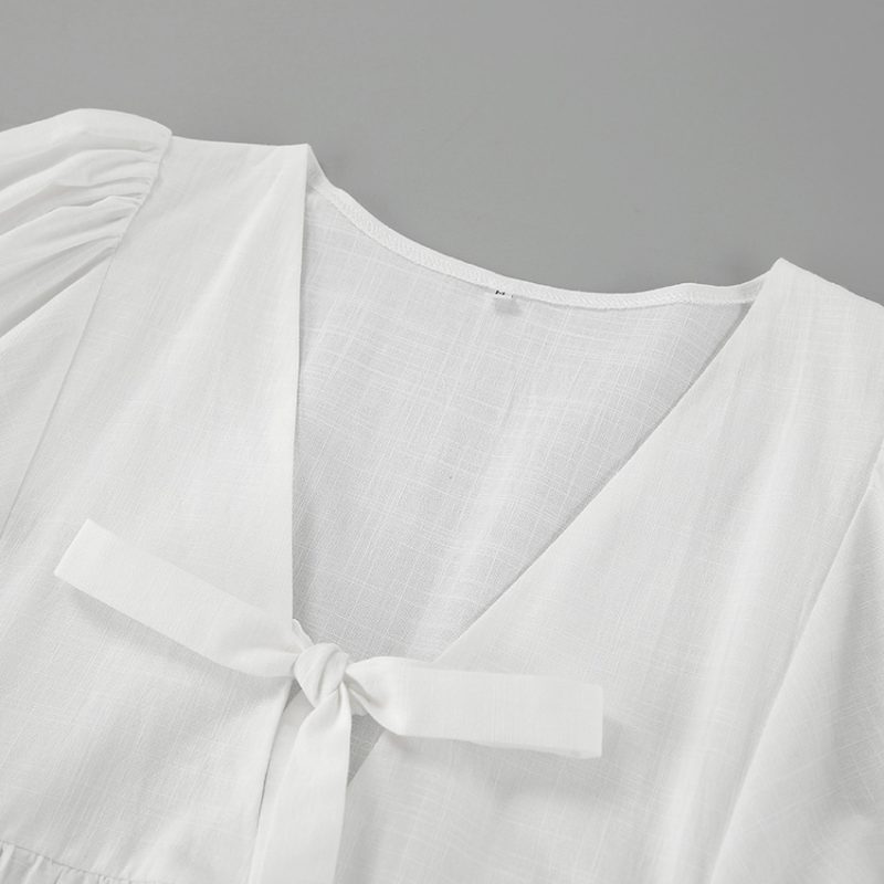 Cotton Linen Dress with French Tea Break Bubble Sleeves - Image 4