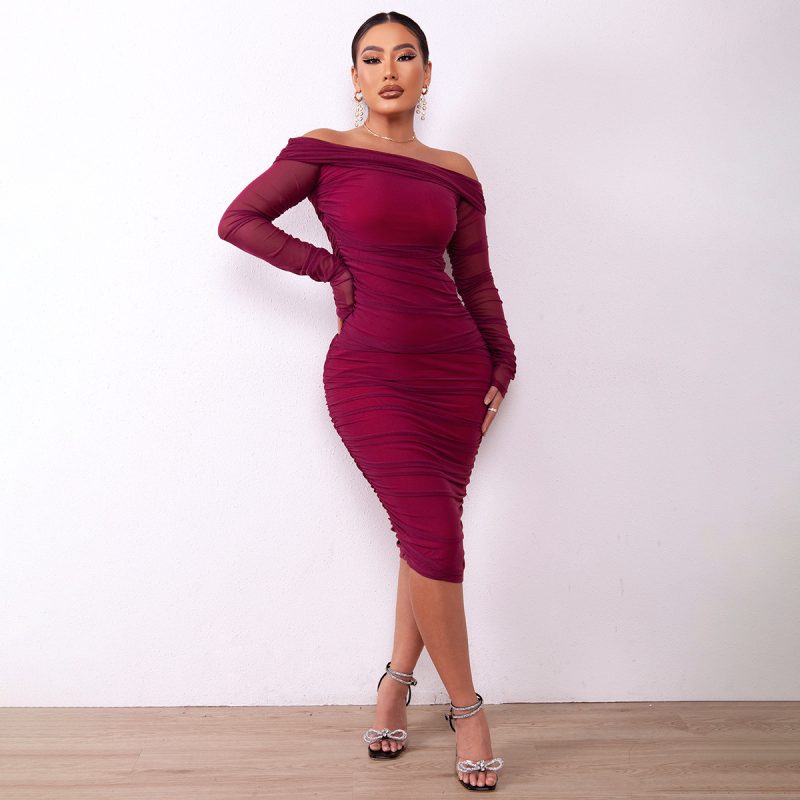 Off-Shoulder Pleated Long Sleeve Dress - Image 6