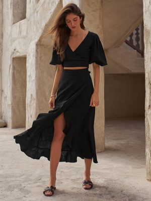 V-Neck Puff Sleeve Cropped Skirt Set