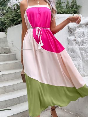 French Pink and Green Contrast Color Sling Dress