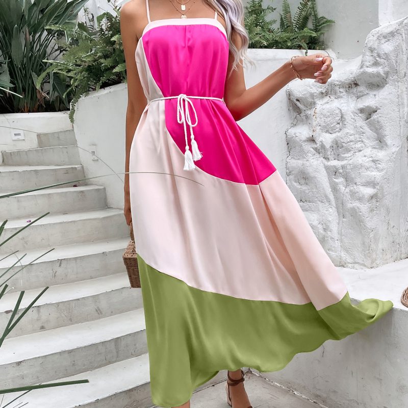 French Pink and Green Contrast Color Sling Dress