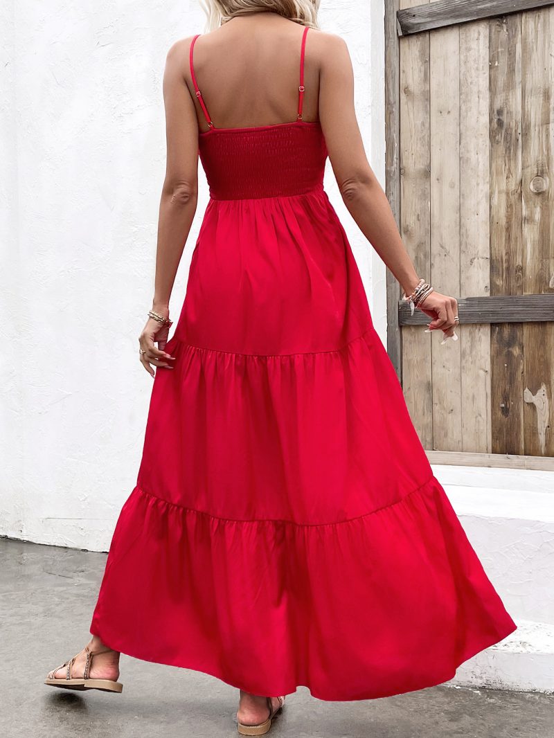 Red Pleated Maxi Dress with Suspenders for Summer - Image 2