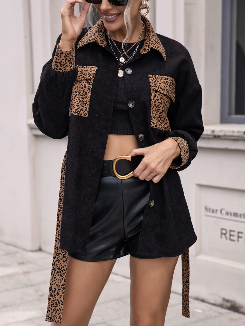 Leopard Splicing Trench Coat for Women - Image 3