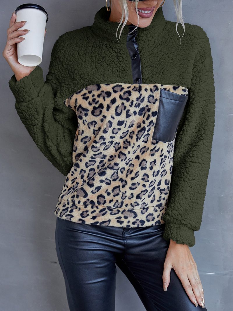 Leopard Fluffy Sweater with Faux Leather Patchwork Coa - Image 4