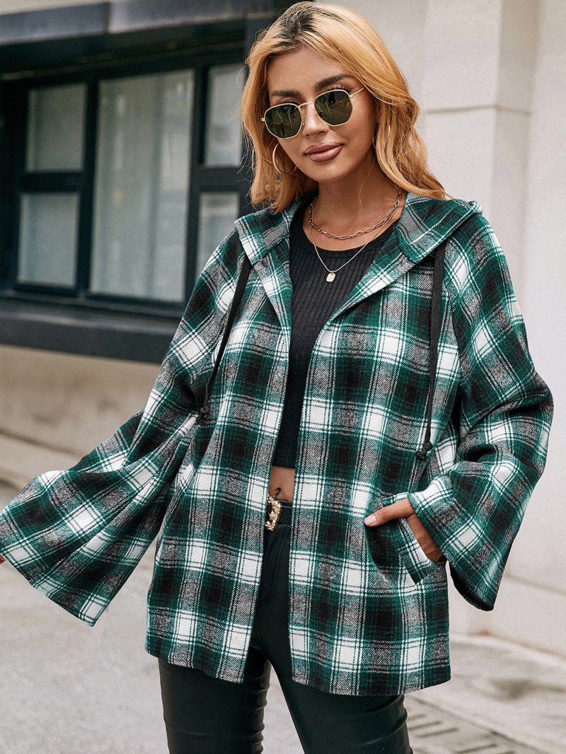 Hooded Plaid Trench Coat for Women - Image 7