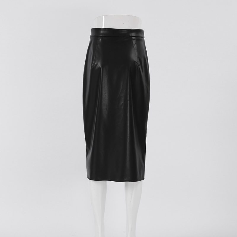 Winter High Waist Split Faux Leather Midi Skirt - Image 5