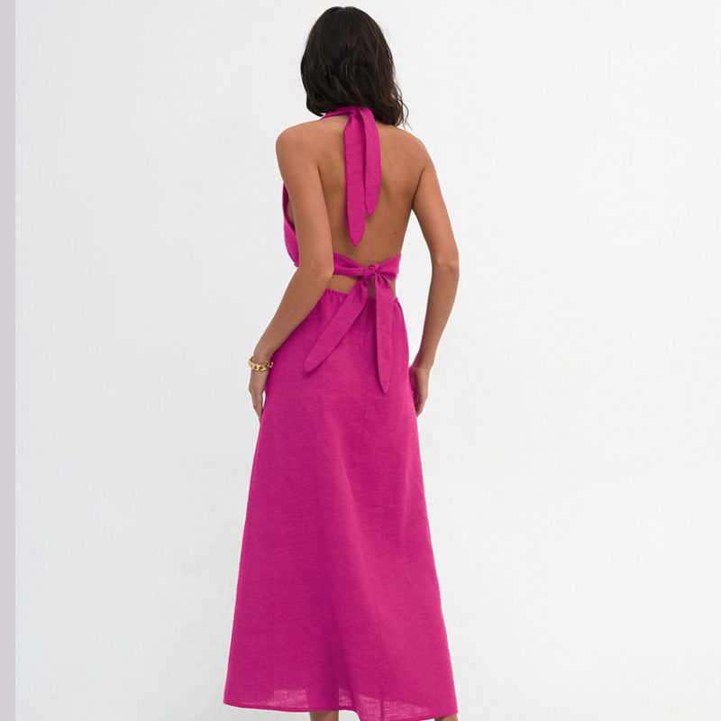 Backless Cotton Linen Halter Maxi Dress - Image 2