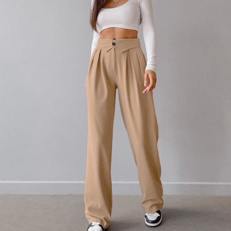 Pleated High Waist Straight Casual Pants - Image 2