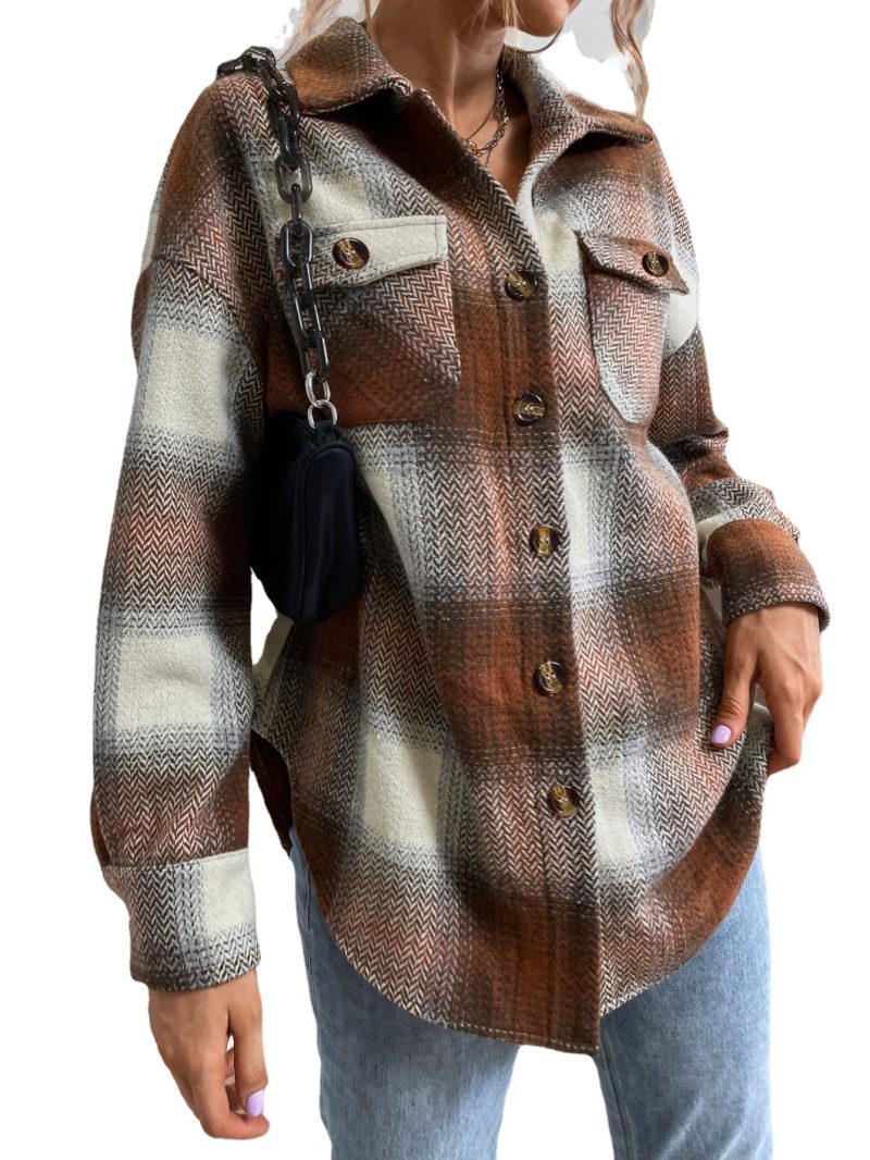 Collared Plaid Shacket Woolen Coat - Image 5