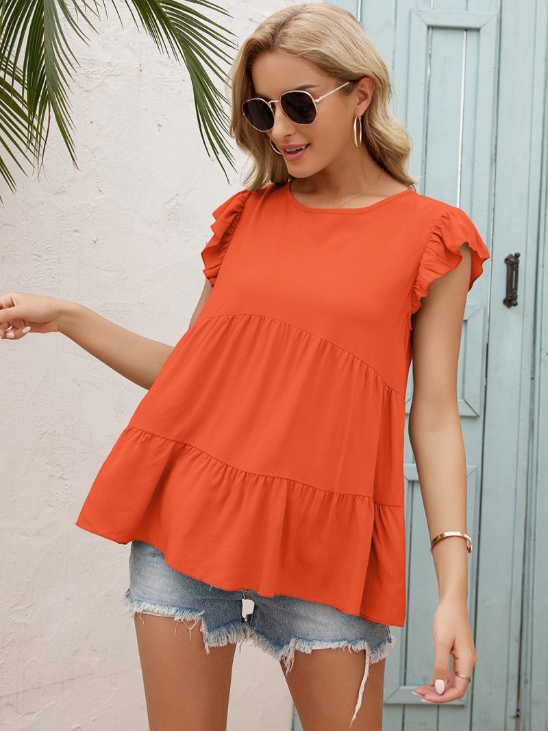 Loose Round Neck Wooden Ear Sleeve Top - Image 6