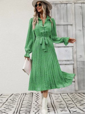 Mid-Length Pleated Dress with Long Sleeves