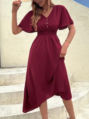 Elegant V-neck A-line Midi Dress for Women