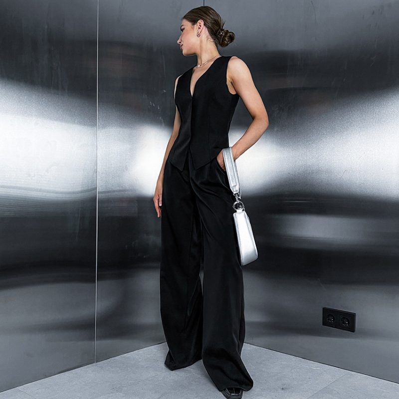 Slim Black V-Neck Vest & Straight Leg Trousers Set - Image 3