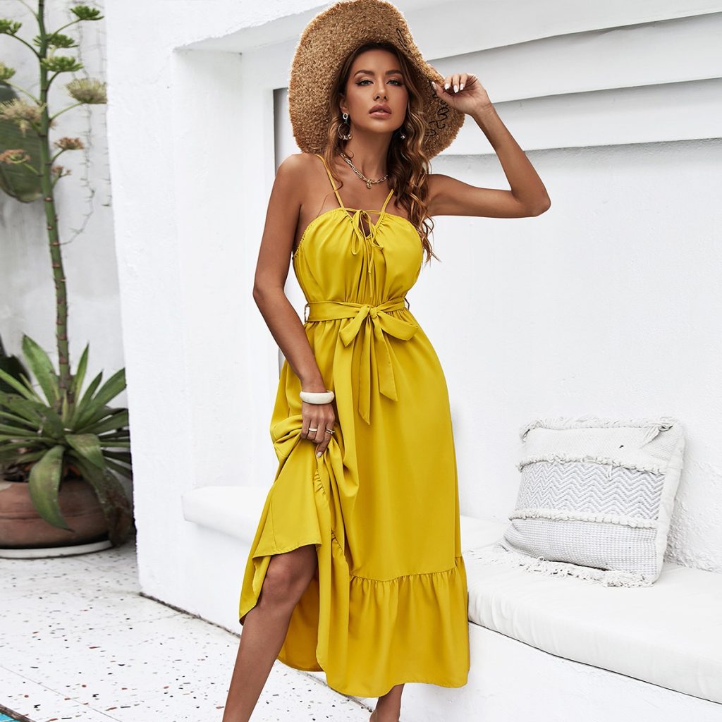Yellow Halter Maxi Dress with Waist Trimming - Image 3