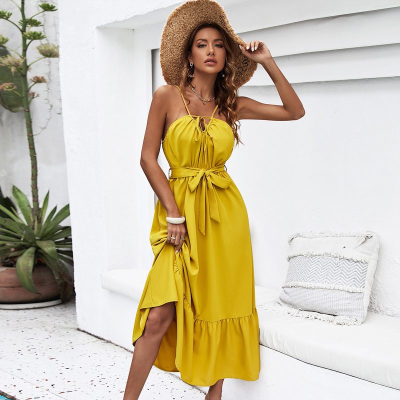 Yellow Halter Maxi Dress with Waist Trimming - Image 3