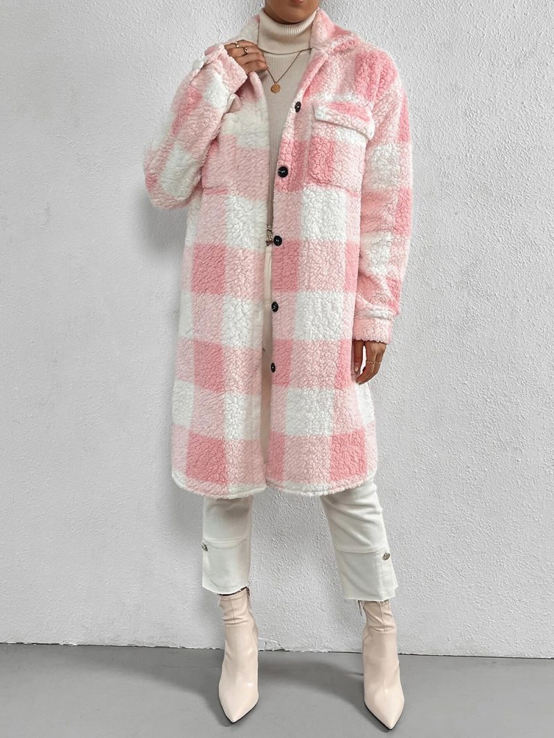 Buckle Collared Plush Plaid Coat - Image 3