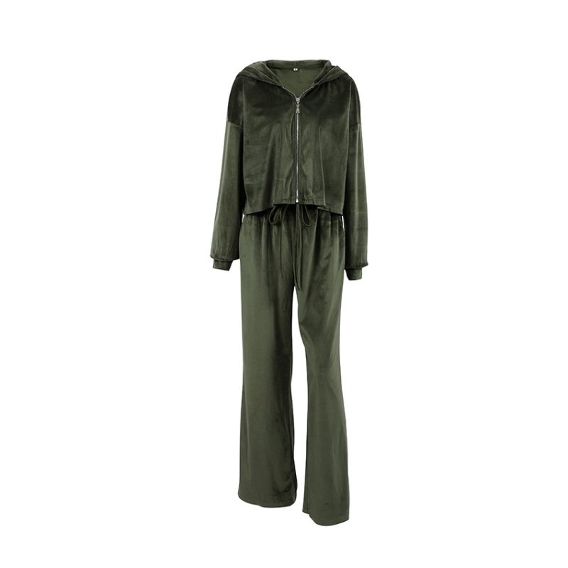 Velvet Hooded Sports Sweater and Wide Leg Pants Set - Image 5