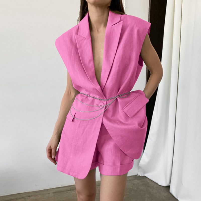 Summer Cotton Linen Sleeveless Vest and Shorts Suit - Image 4