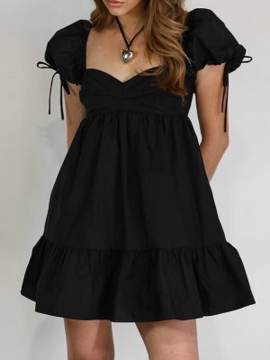 Black Square Collar Puff Sleeve Off-Shoulder Dress