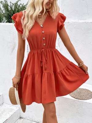 V-Neck Waist Pleated Sleeveless Dress