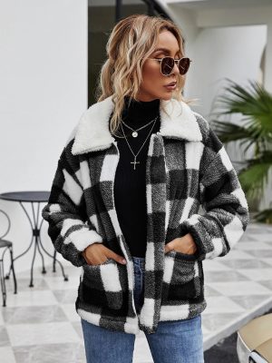 Zipper Collared Plaid Plush Coat