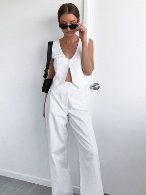 White V-Collar Slim Vest Trousers 2-Piece