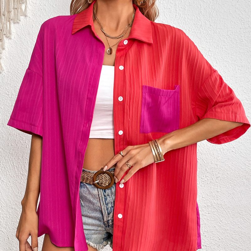 Summer Contrast Color Stitching Short Sleeve Women's Shirt - Image 3