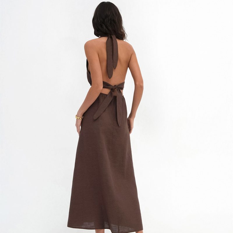 Backless Cotton Linen Halter Maxi Dress - Image 5