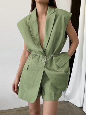 Summer Cotton Linen Sleeveless Vest and Shorts Suit