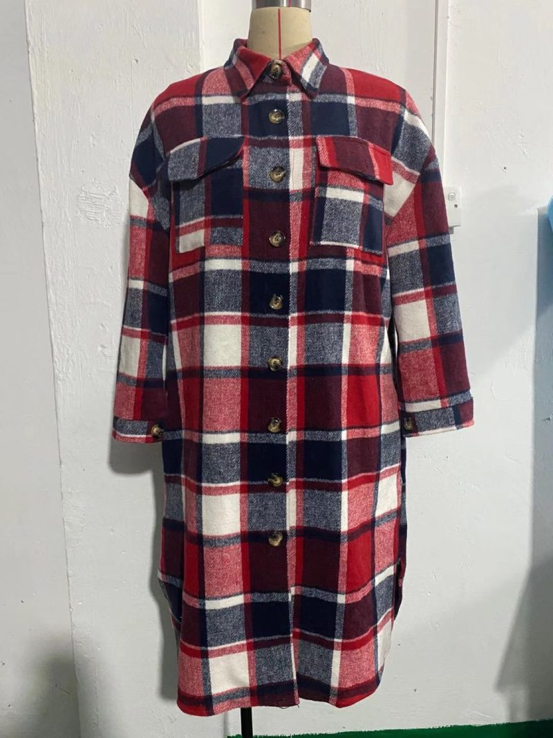 Slim Fit Woolen Plaid Trench Coat for Women - Image 8