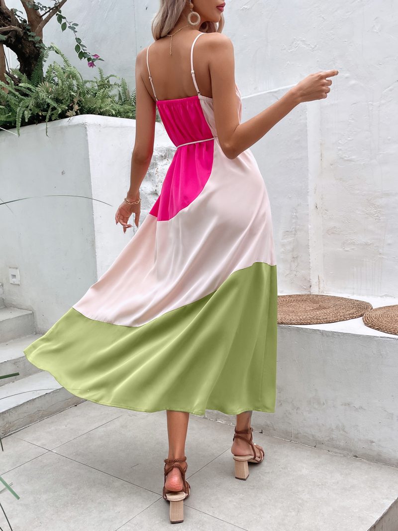 French Pink and Green Contrast Color Sling Dress - Image 2
