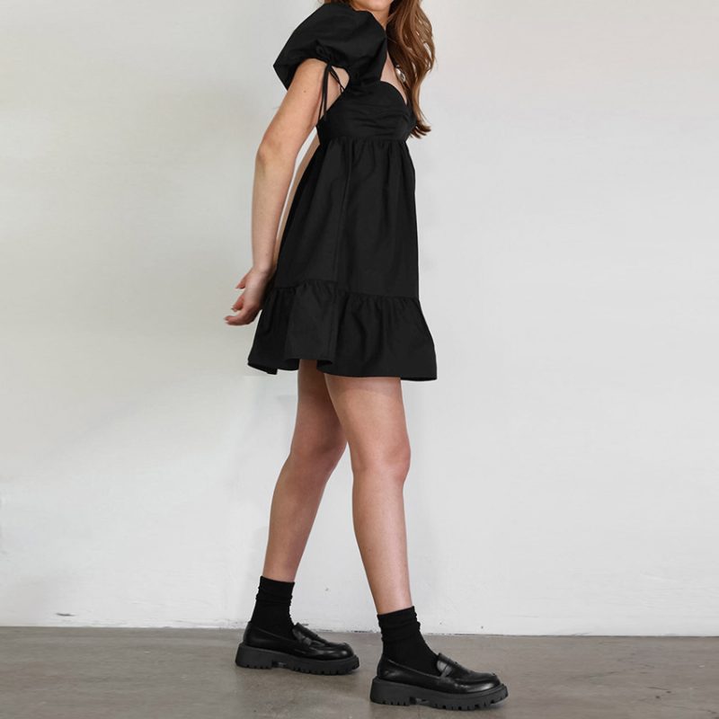 Black Square Collar Puff Sleeve Off-Shoulder Dress - Image 4