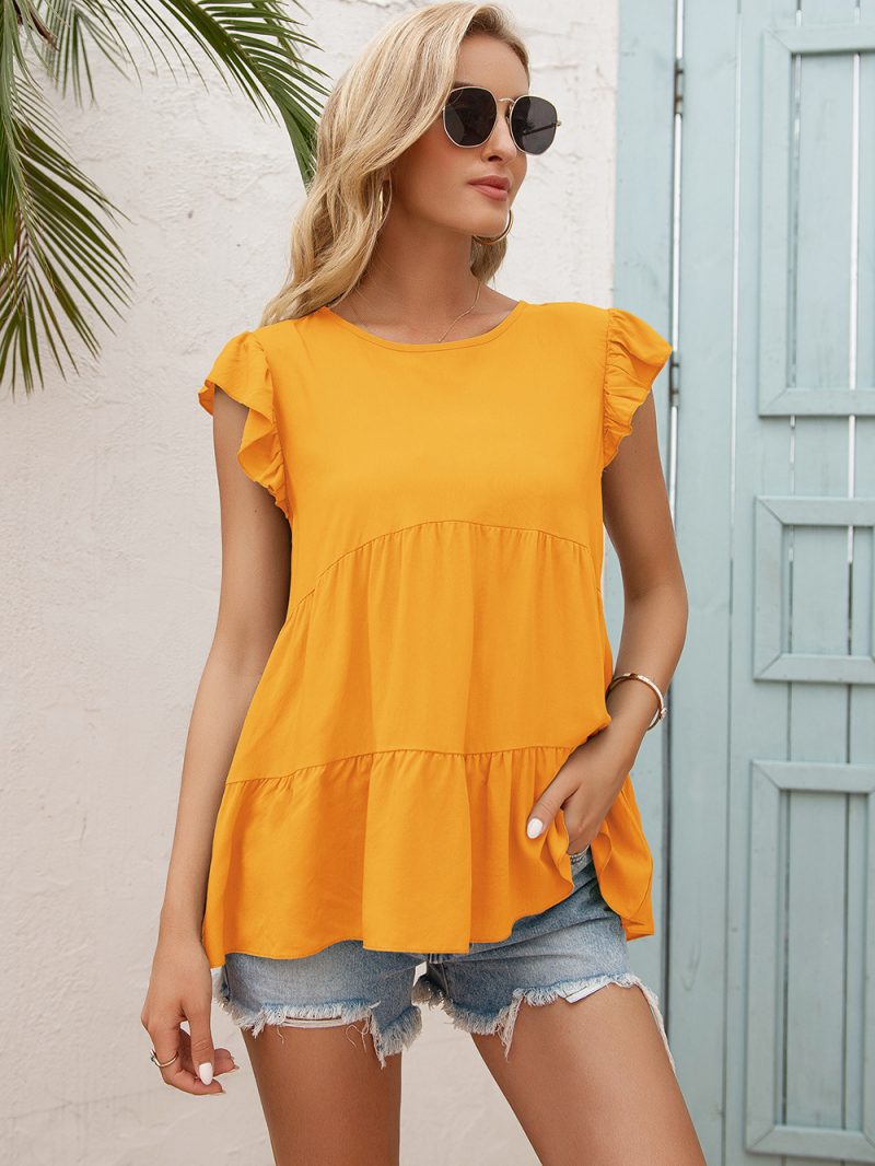 Loose Round Neck Wooden Ear Sleeve Top - Image 8