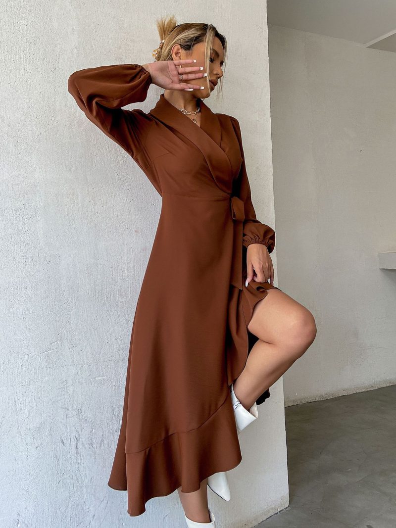 Solid Color Ruffles Tied Long Sleeves Dress - Image 5