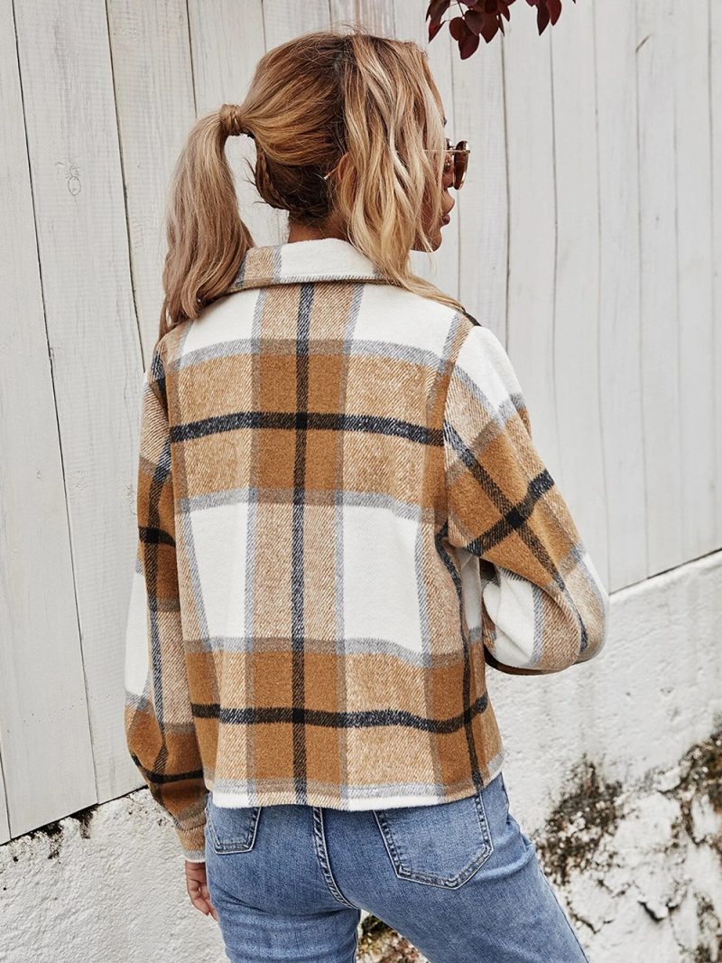 Single-Breasted Woolen Plaid Short Coat - Image 7