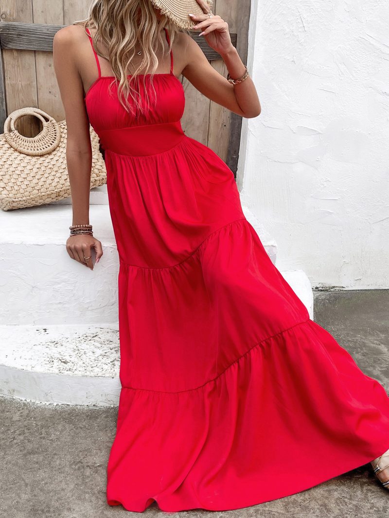Red Pleated Maxi Dress with Suspenders for Summer - Image 3