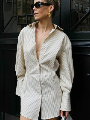 Autumn Polo Collar Striped Shirt Dress