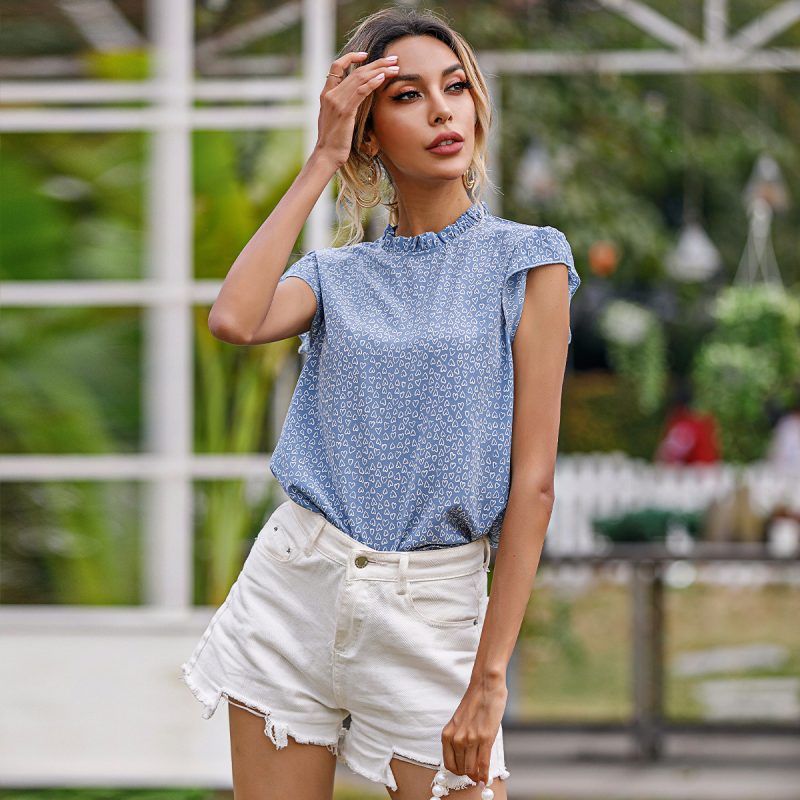 Light Blue Ruffle Sleeve Half Turtleneck Top - Image 2