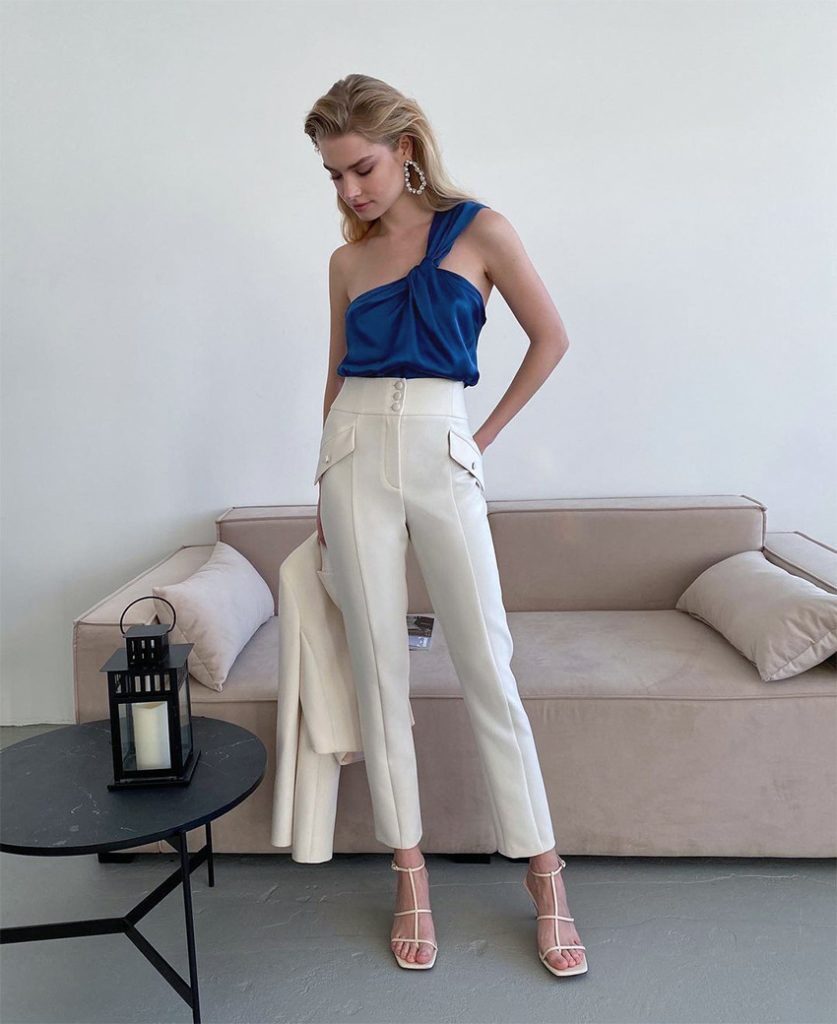 Sexy Satin Klein Blue Vest with Oblique Shoulder Detail - Image 7