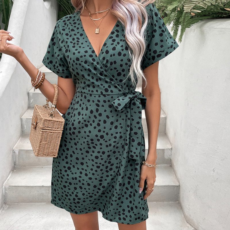 Polka Dot Swing Dress with Sexy V-Neck and Ruffled Waist - Image 5