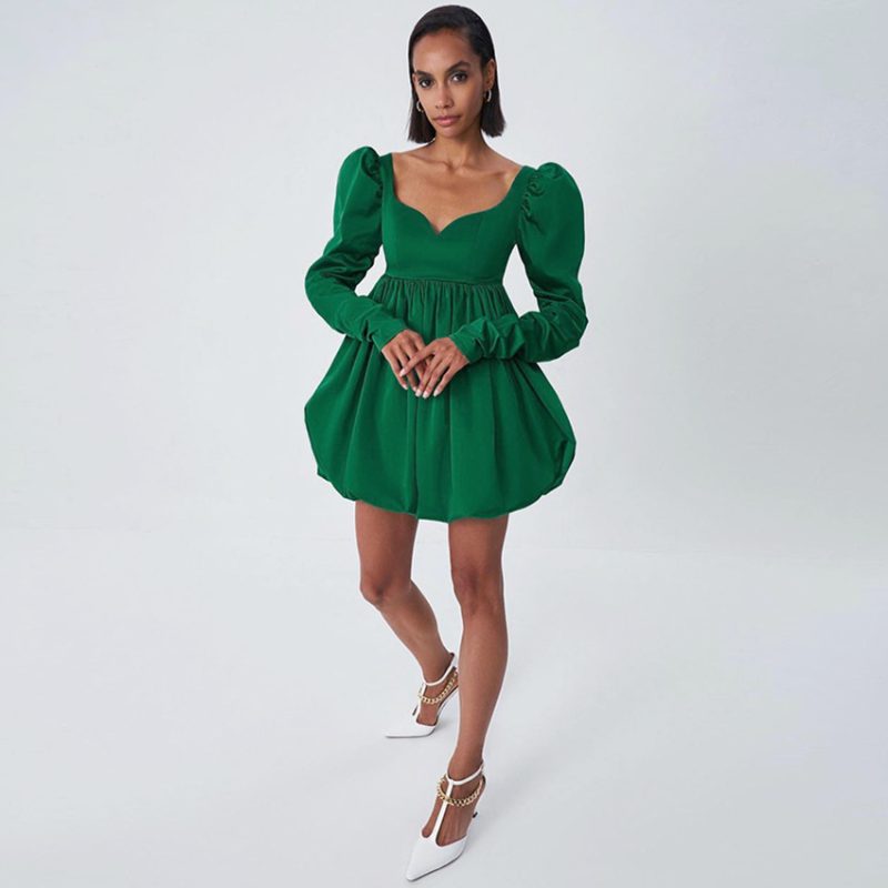 Green Lantern Dress with Long Sleeve Satin Drape - Image 2