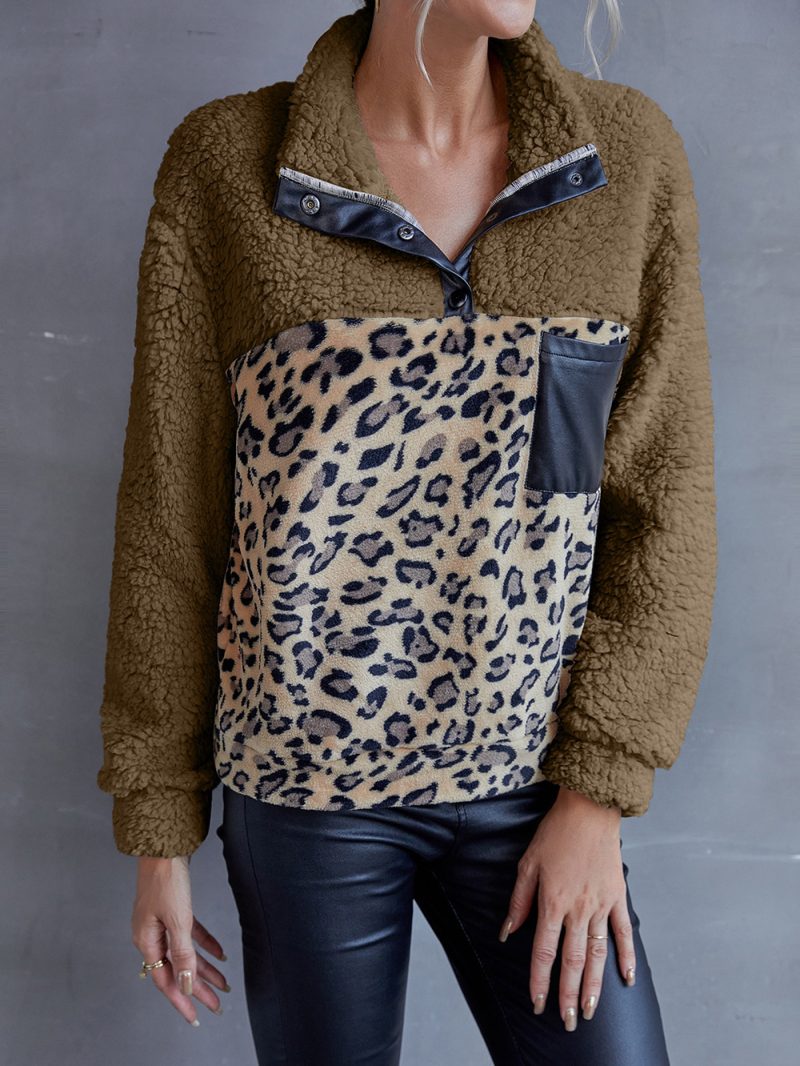 Leopard Fluffy Sweater with Faux Leather Patchwork Coa - Image 3