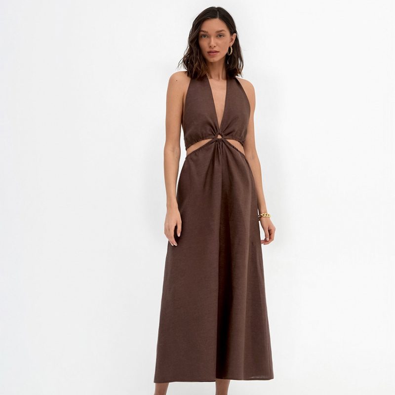 Backless Cotton Linen Halter Maxi Dress - Image 3