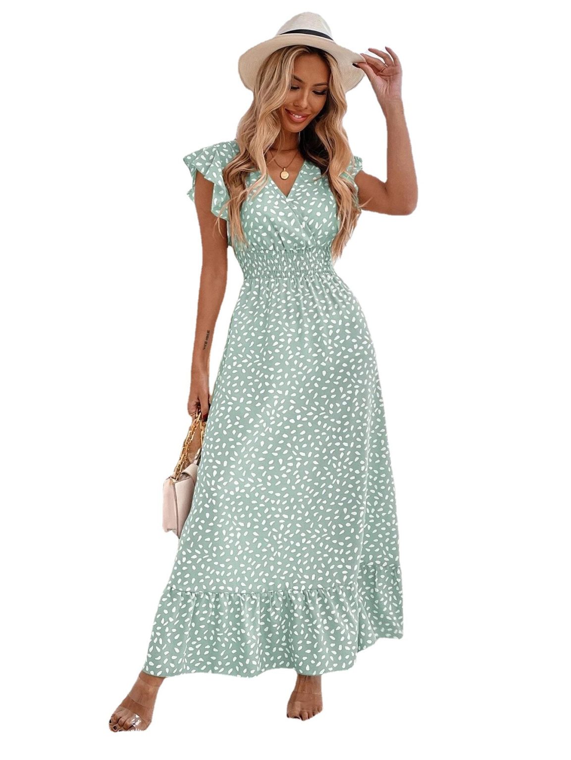 Printed V-Neck Tight Waist Slim Beach Dress for Women - Image 5
