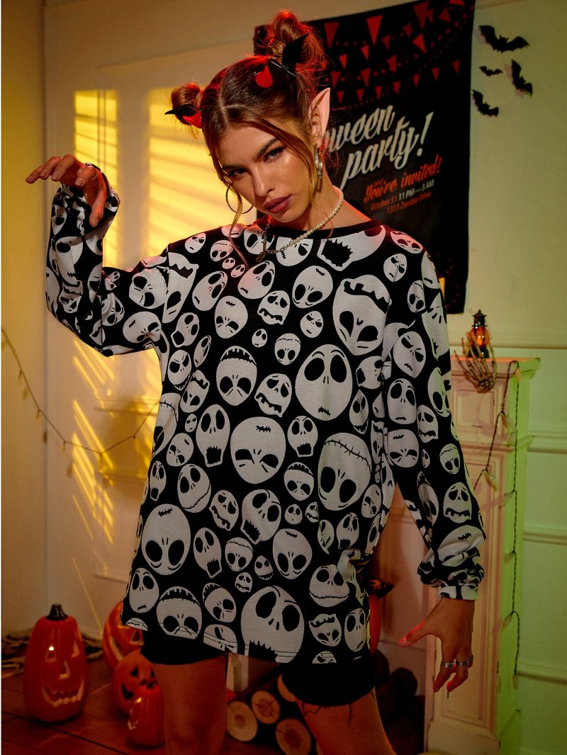 Trendy Halloween Skull Printed Pullover Sweater - Image 3